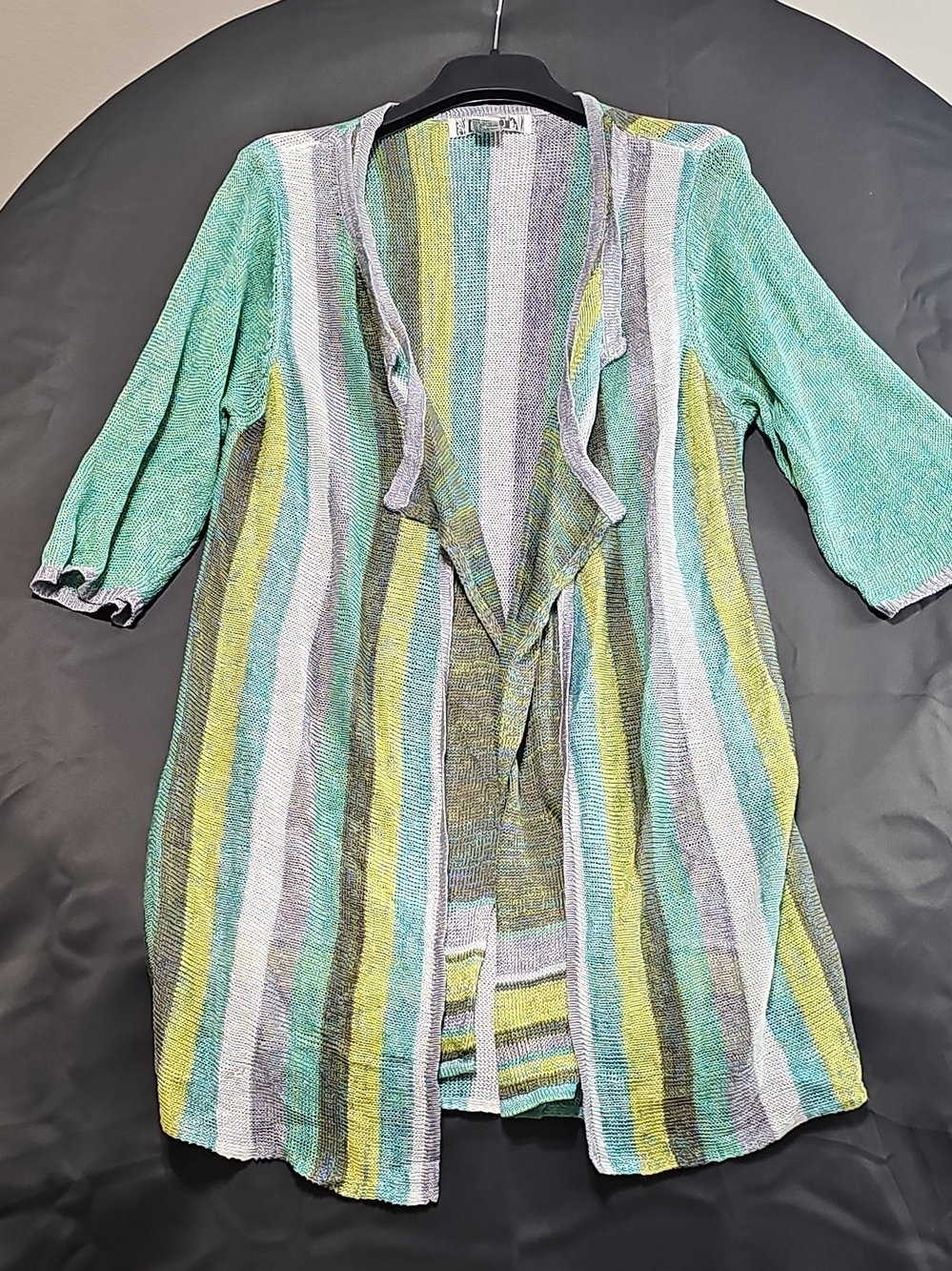 Striped Lightweight Draped Open-Front Cardigan - Mint, Gray & Yellow